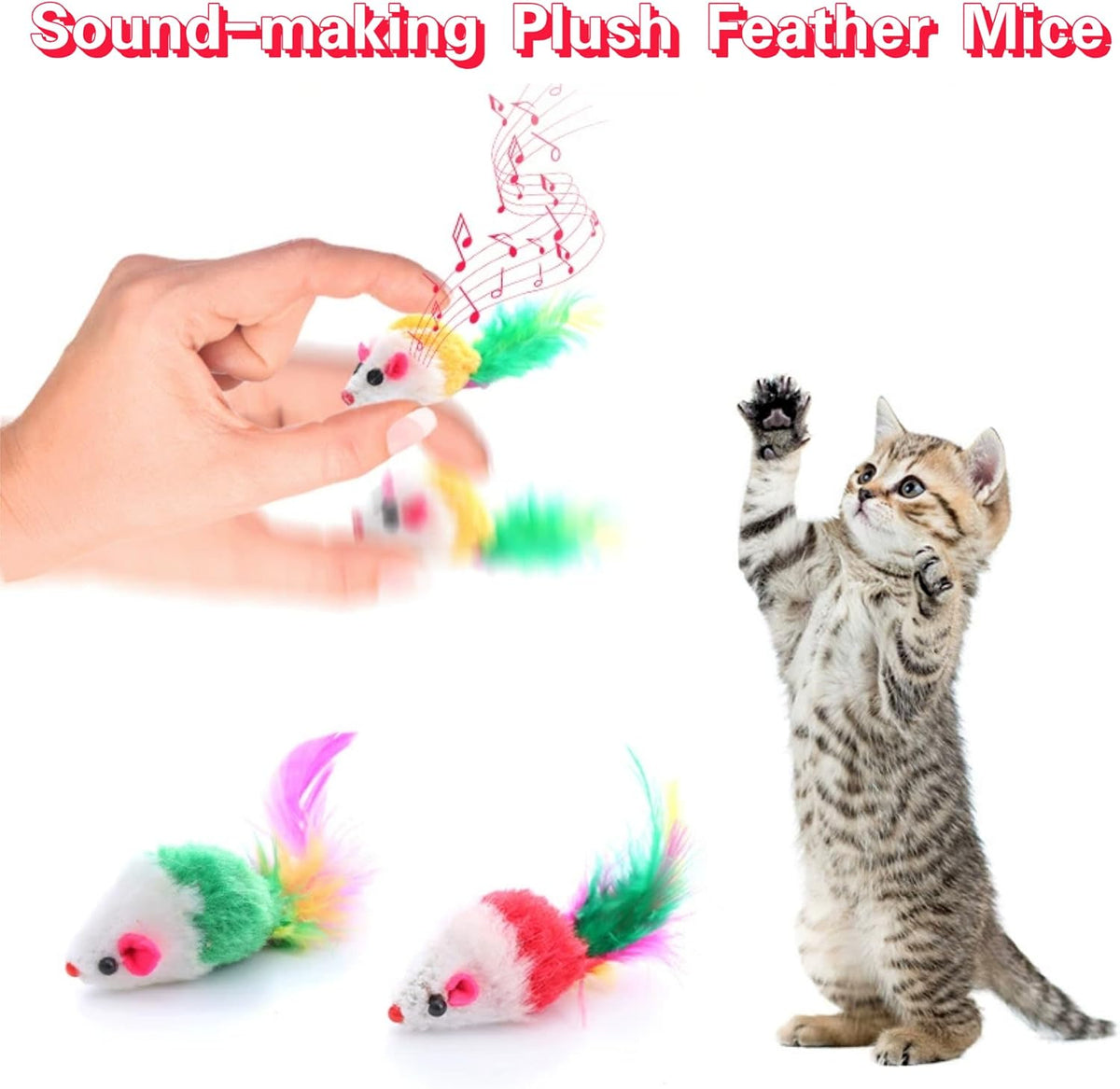 Cat Toys, 6 Pack Furry Rattle Mouse Toy Interactive Cat Toy with Feather Tail, 6 Assorted Faux Fur - 6PCS Furry Rattle Mouse Cat Mouse Toys - image 3