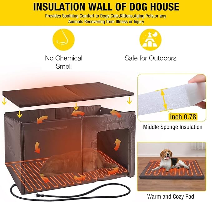 Aivituvin Dog House Insulated Outdoor Dog Kennel with Heated Liner for Winter 59" Extra Large Insulated Dog Cage with Heater,All-Around Iron Frame(Grey)