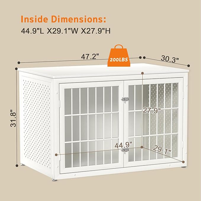 48" Heavy Duty Dog Crate Furniture for Large Dogs, Metal Cage for High Anxiety Dogs, Wooden Kennel Furniture Indoor, Decorative Dog Kennel End Table, XL,White