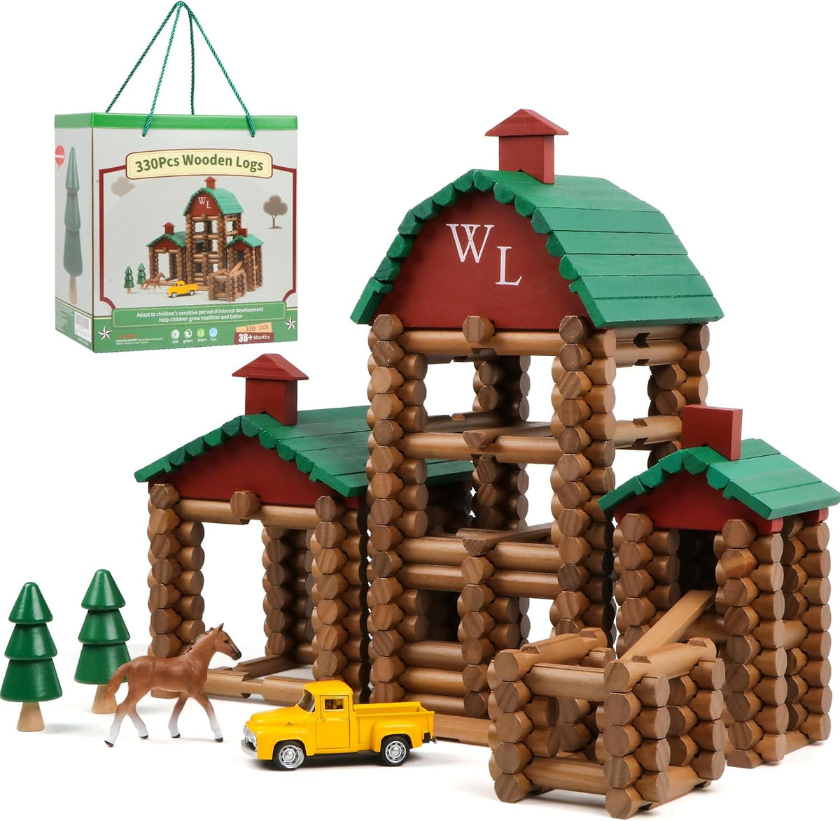 Wondertoys 208 Pcs Wooden Log Set, Classic Building Logs Ages 3+ - 330PCS Villas