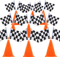 YOELVN race car party cones, six orange 7 inch traffic cones holding checkered flags - view 5