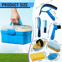 Cunhill 9 Pieces Horse Grooming Kit Tack Room Supplies Set with Organizer Tote Box, Oval Massage Curry, Hard and Soft Brush, Hoof Pick, Sweat Scraper, Bathing Sponge, Combs for Horse Riders Beginners