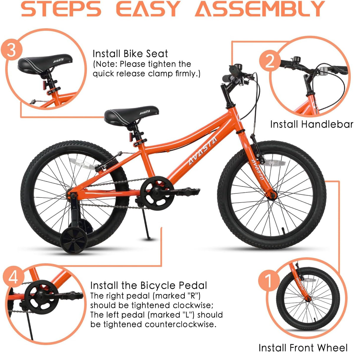 AVASTA Bilbo 18 20 24 Inch Kids Bike for Boys Girls Youth 5-14 Years - Orange / 18 Inch with Kickstand & Training Wheels - image 2