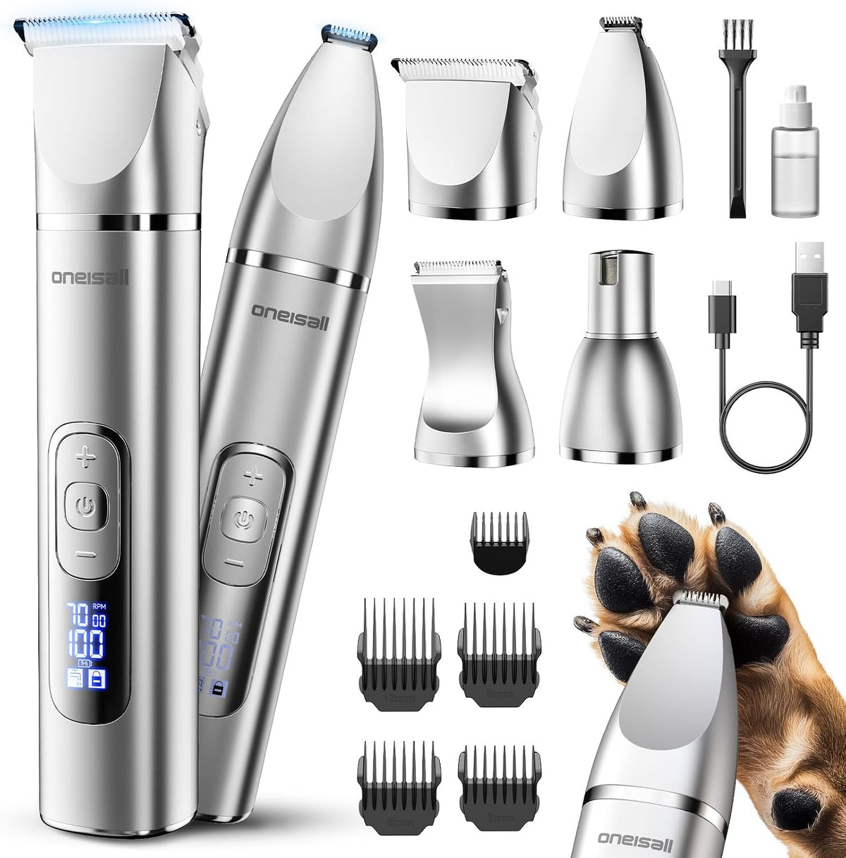 oneisall 4 in 1 Dog Grooming Kit with LCD Display – Essentials for Dogs - Silver