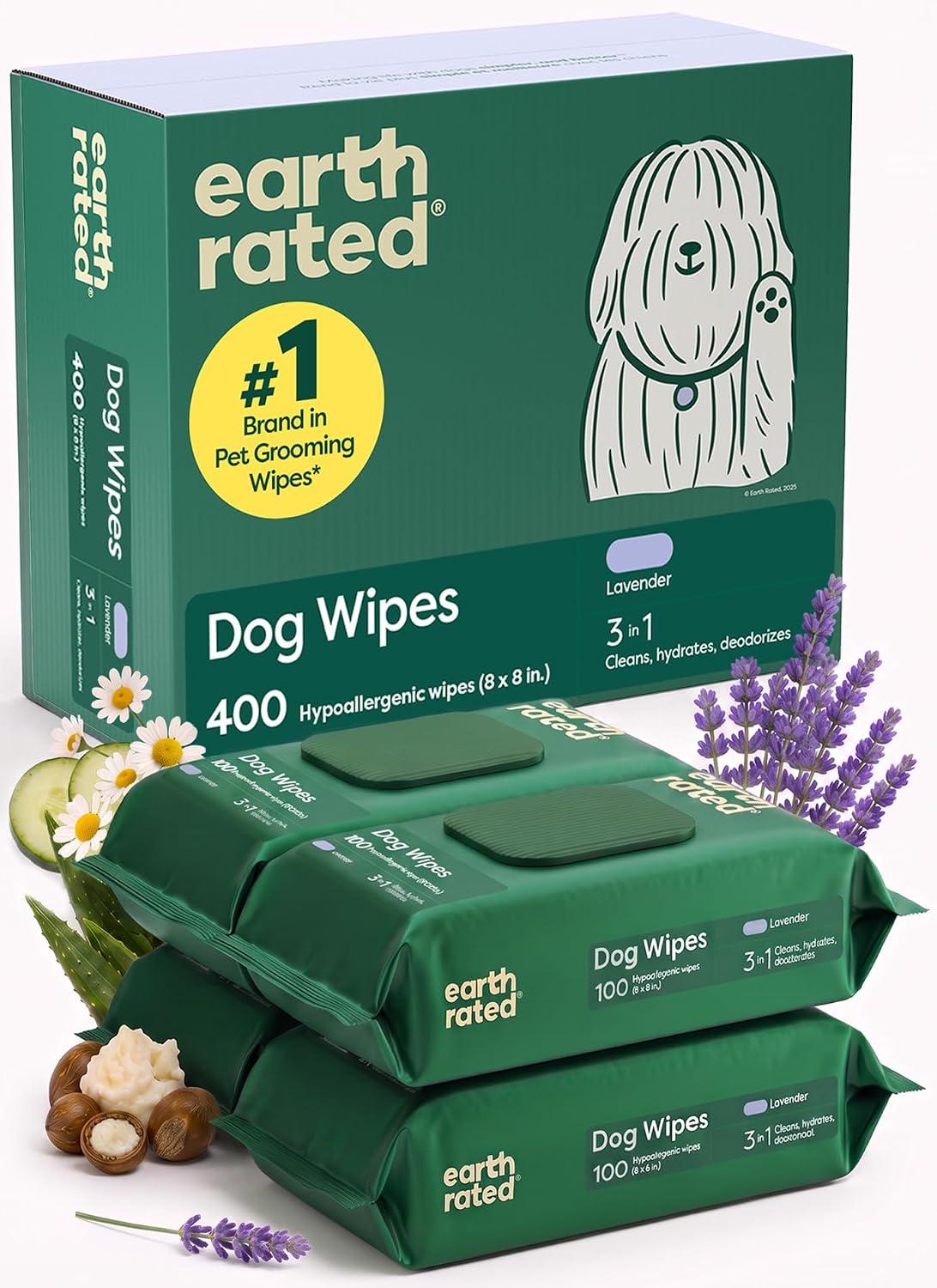 Earth Rated Dog Wipes for Paws & Butt, Deodorizing - Lavender / 400 Grooming Wipes