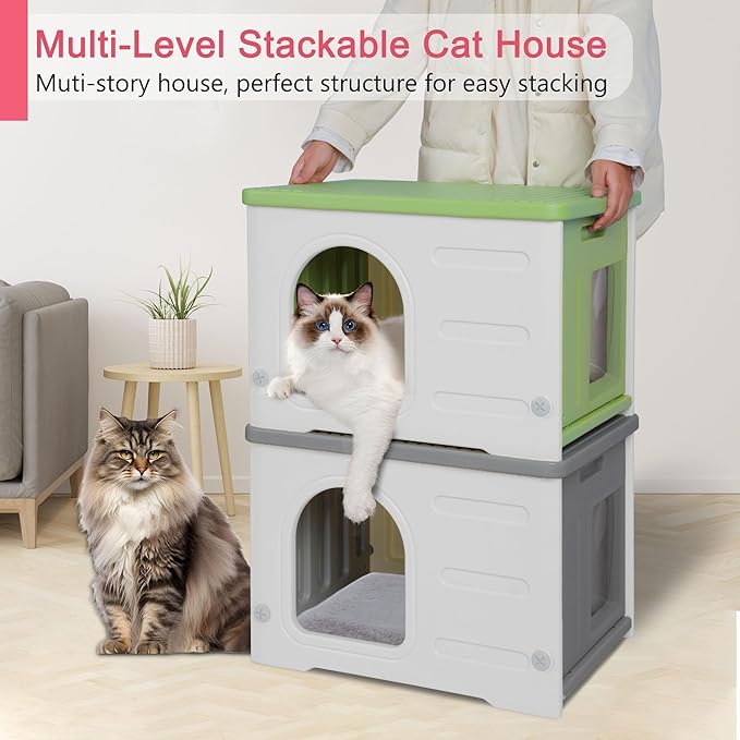Rockever Plastic Cat House Outdoor with Escape Door, Waterproof Feral Cat House Outdoor Indoor, Sturdy Cat House for Outdoor Cats with Cat Bed Mat, Assemble Easily-Grey