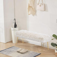 46 Inch White Bedroom Bench, Benches for Bedroom White Faux Fur Upholstered Bed end Bench, Tufting Ottoman Bench Indoor Bench with Metal Legs for Living Room Bedroom Entryway, White