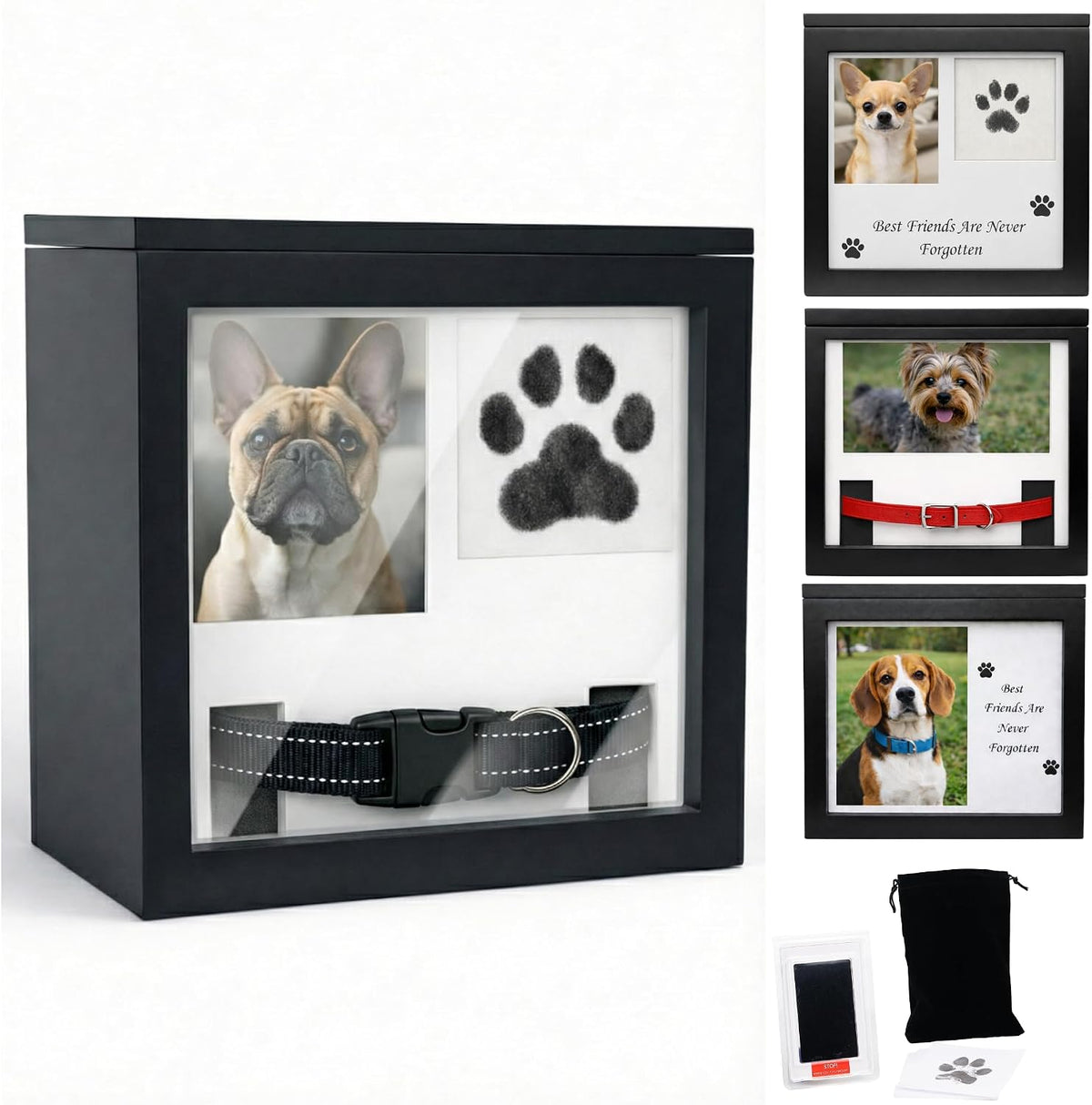 Black Dog Urn for Ashes 4 Customizable Displays Ink Paw Print Kit – Essentials for Dogs - Black Small