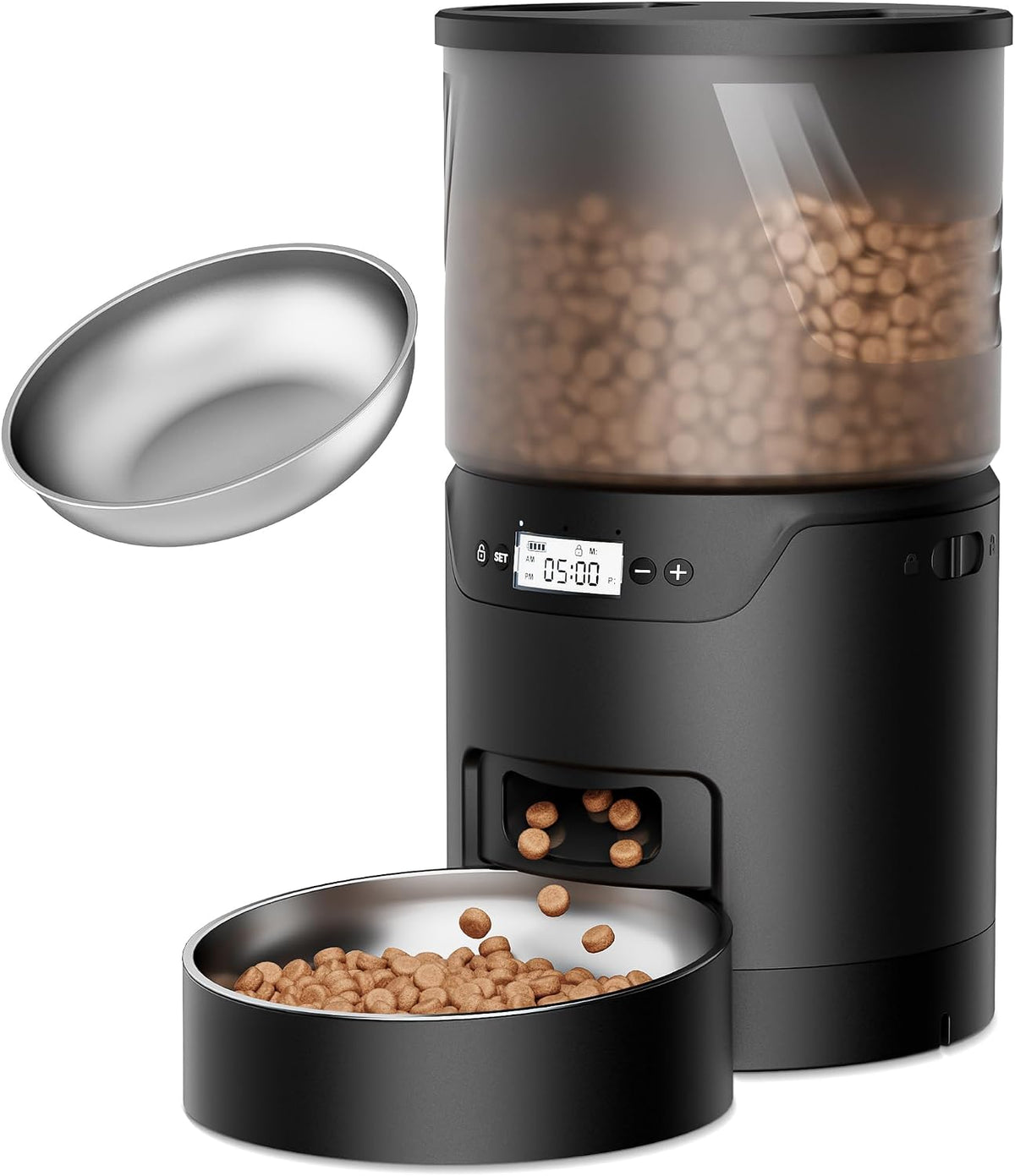 IMIPAW PET Automatic Cat Feeder: 3L Auto Food Dispenser with Timed - Black+Stainless Bowl