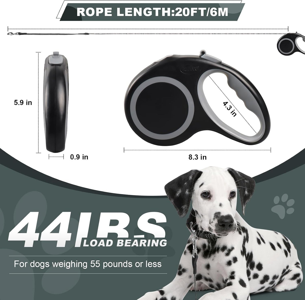Retractable Dog Leash 20 FT Cord for Small Medium Dogs up to – Essentials for Dogs - Black - image 2