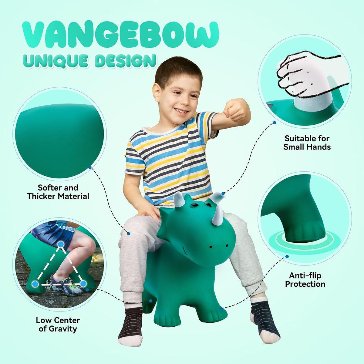 VangeBow Bouncy Horse Animal Hopper Toy for Toddlers 1-5 – Fun for Kids & Family - Green Big Triceratop - image 3