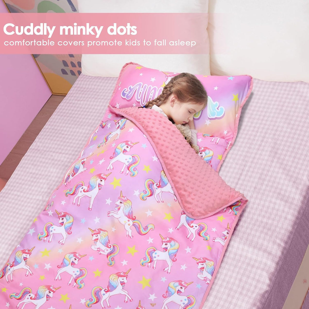 Kids Nap Mat Portable Slumber Bags with Removable Pillow and Blanket - Gradient Unicorn - image 4