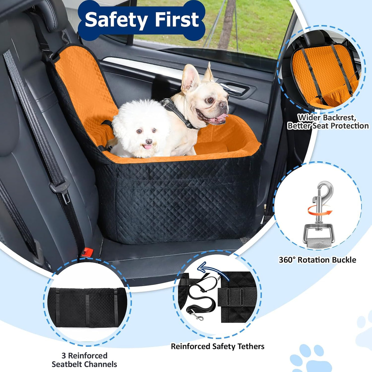 BLVRYVIO Large Dog Car Seat for Medium Sized Dogs Under 55lbs or 2 - Bright Orange / Large - image 4