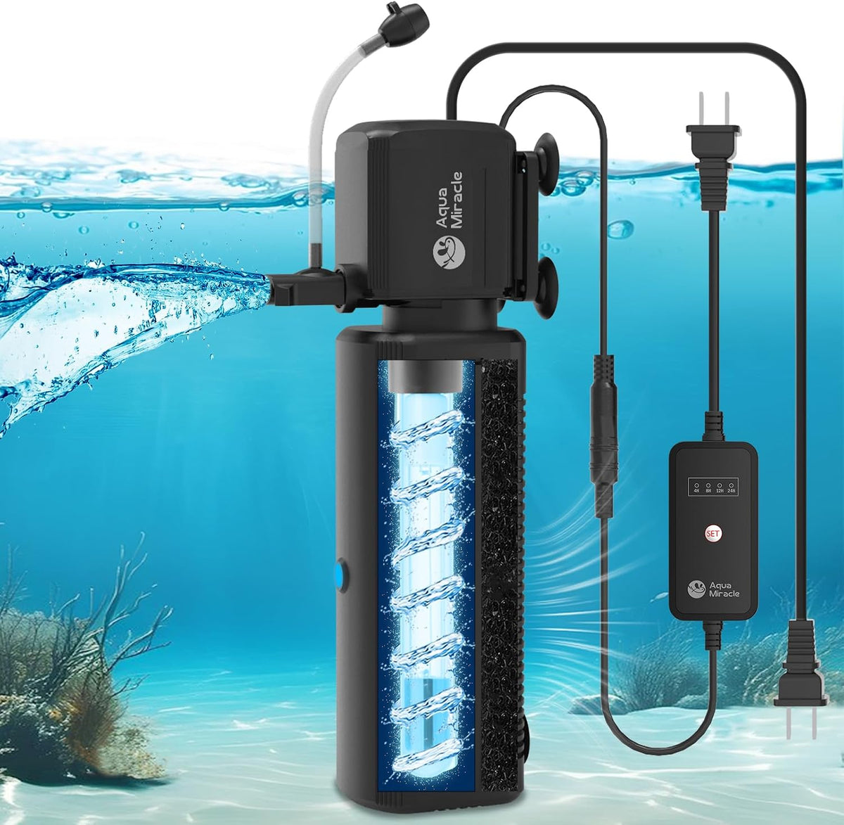 AquaMiracle Aquarium Filter with U, V Light & Filter Sponge - For Aquariums 60-150 Gal(SV-1000)