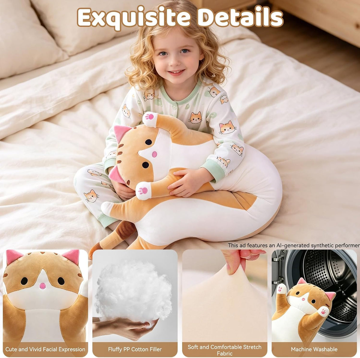 Cute Long Cat Plush Body Pillow, Soft Stuffed Animals 19.7 Inch – Fun for Kids & Family - Brown / 27.5 inches - image 4