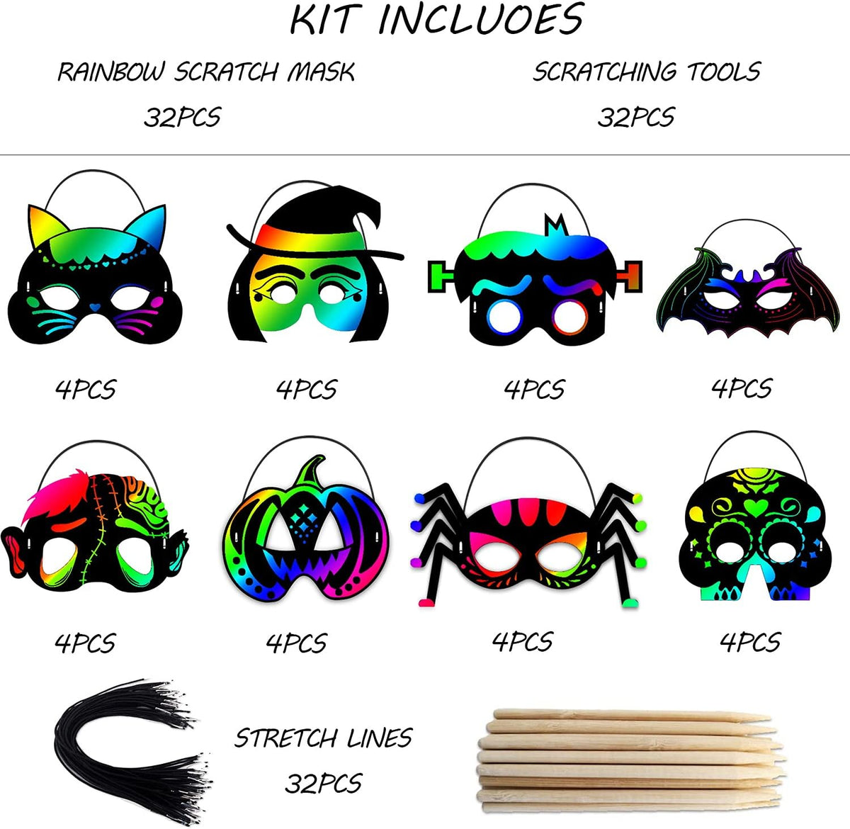 Natonhi 32 rainbow Halloween scratch art masks with wooden styluses and strings - view 9