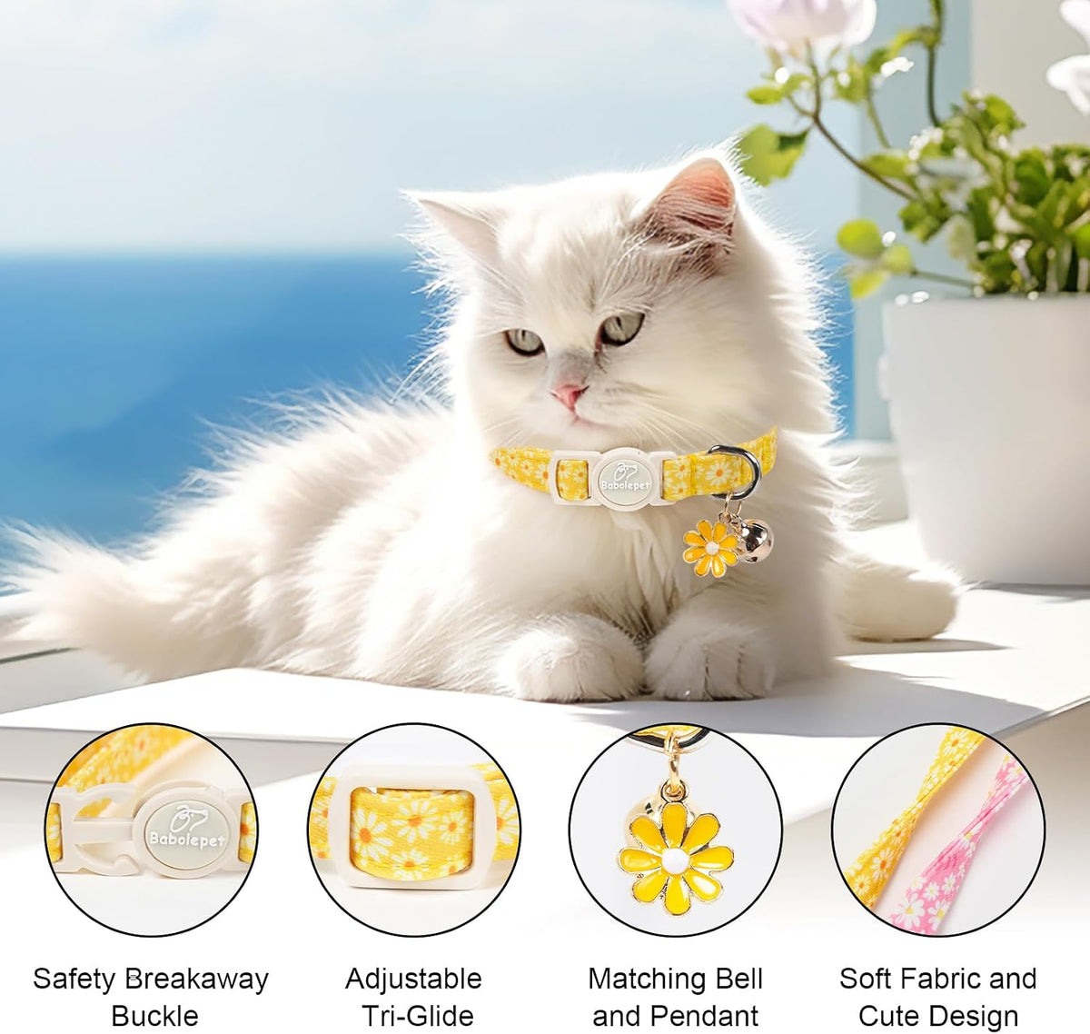 2 Pack Cute Cat Collars - Cartoon Bee Ladybug Breakaway Cat Collar with Bell & Matching Pendant - Pink&Yellow Daisy - image 3