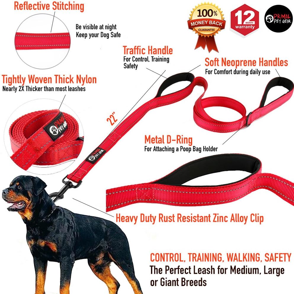 Dog Leash 6ft Long, Traffic Padded Two Handle, Heavy Duty - 6FT / Red - image 2