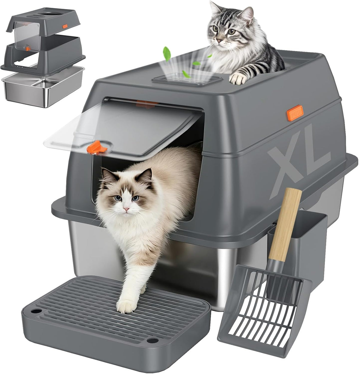 XL Enclosed Stainless Steel Litter Box with Lid - Dark Gray