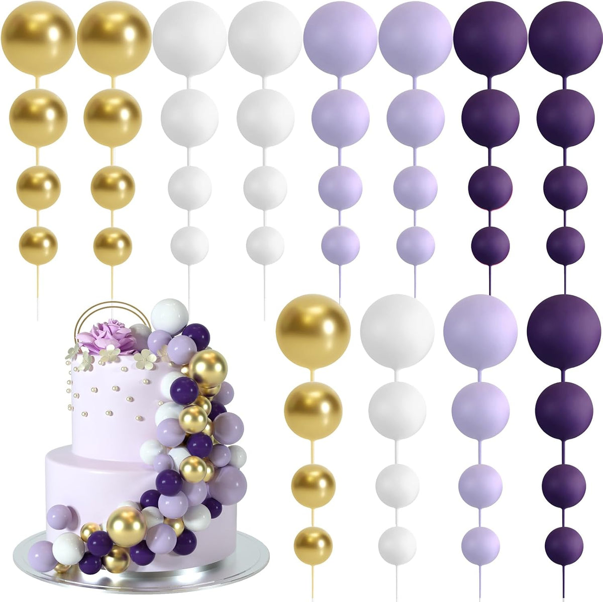 48 Pcs Balls Cake Topper Decorations Balloon Cupcake Toppers Foam - A04-purple, Light Purple, White, Gold