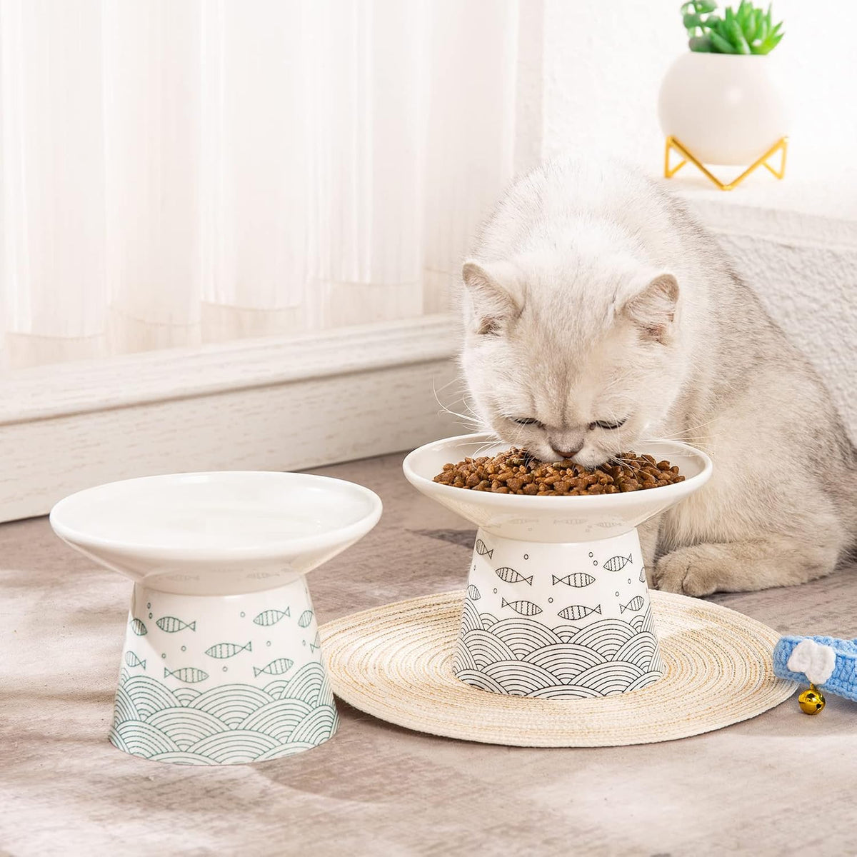 6.5 Inch Extra Wide Ceramic Elevated Cat Bowls - Black & Green Fish - image 2