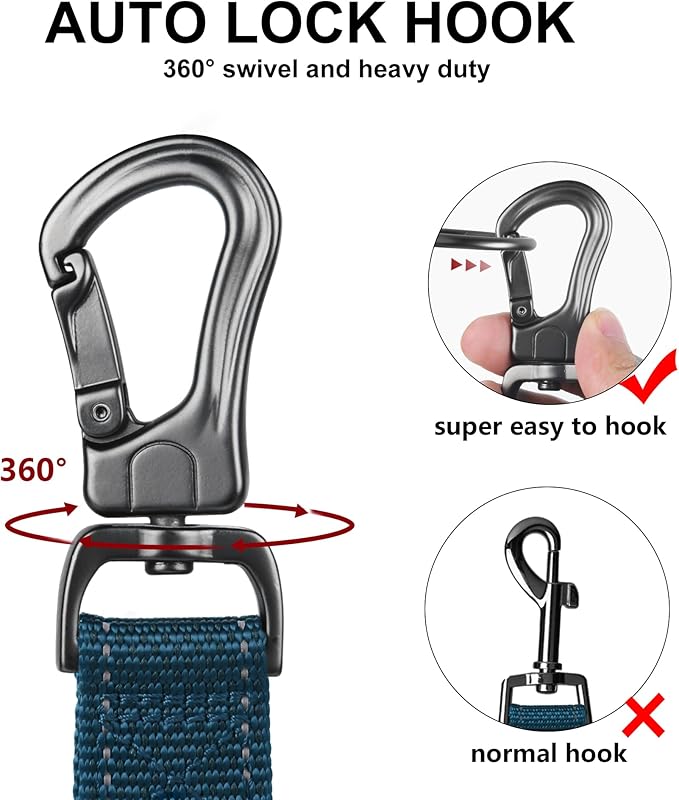 TwoEar 4FT 1IN Strong Blue Dog Leash with 2 Padded Handles, Traffic Handle Extra Control, Comfortable Soft Dual Handle, Auto Lock Hook, Reflective Walking Lead for Small Medium and Large Dogs