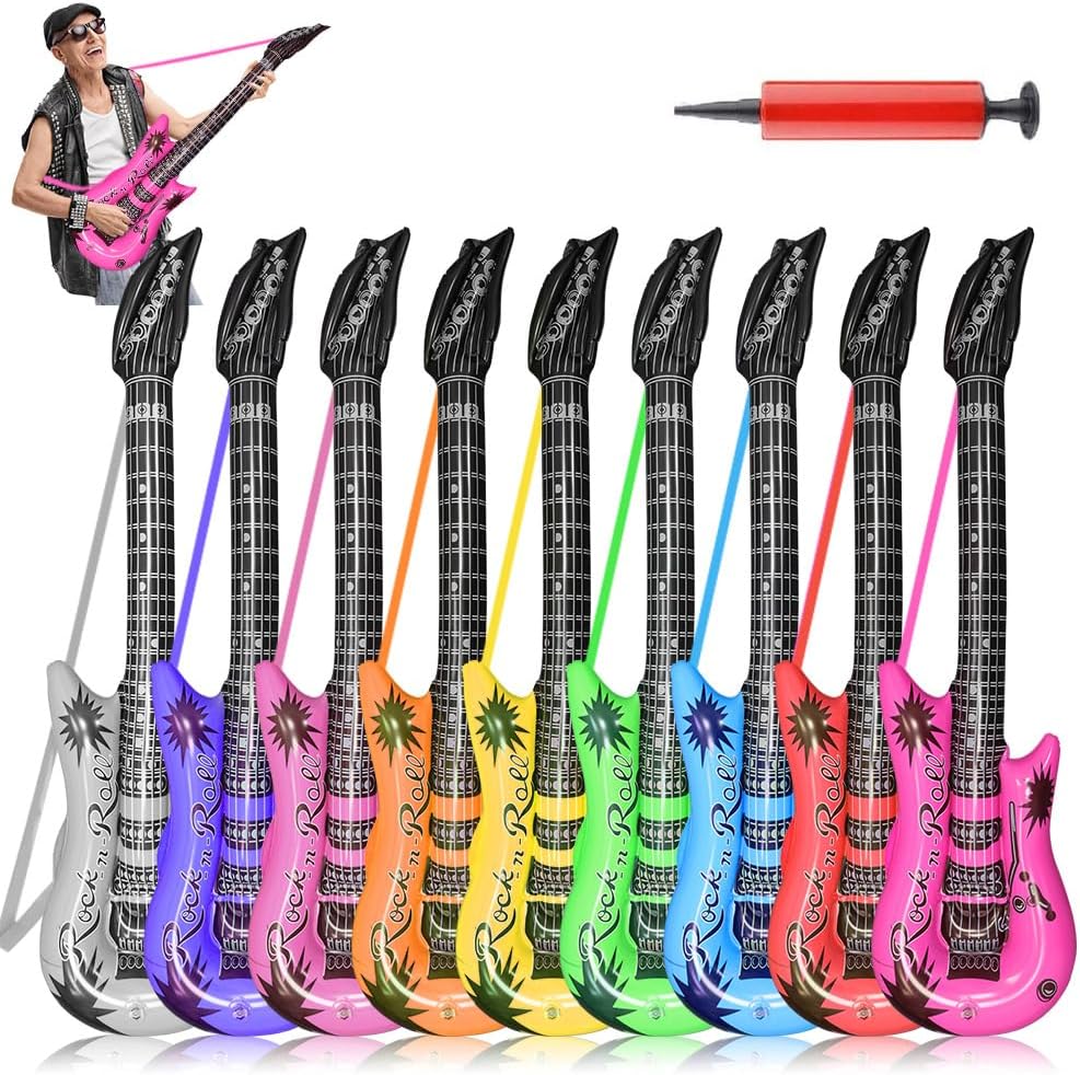 QIQU inflatable guitars with rope straps in red, pink, orange, yellow, green, blue and purple