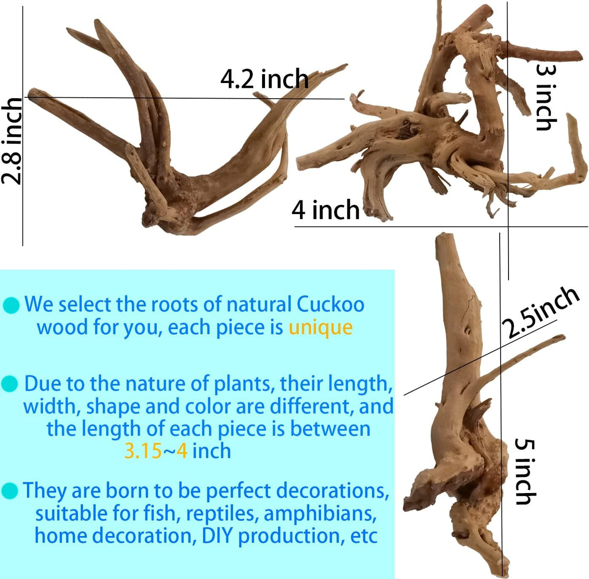 Vmiapxo 8-Pack Natural Driftwood, Sinkable Spider Wood – Essentials for Fish - 3.15''-4'' - image 2