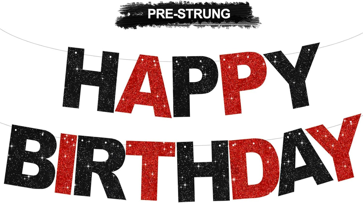 BEISHIDA Pre-Strung Glitter Pink Happy Birthday Banner Party Sign - Black Red