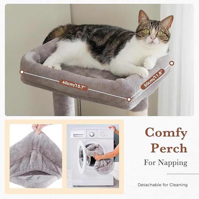 PAWZ Road Cat Tree, 60 Inches Cat Tower with Dual Condos, Spacious Perch, Cozy Basket and Sisal-Covered Scratching Posts for Indoor Cats- Gray