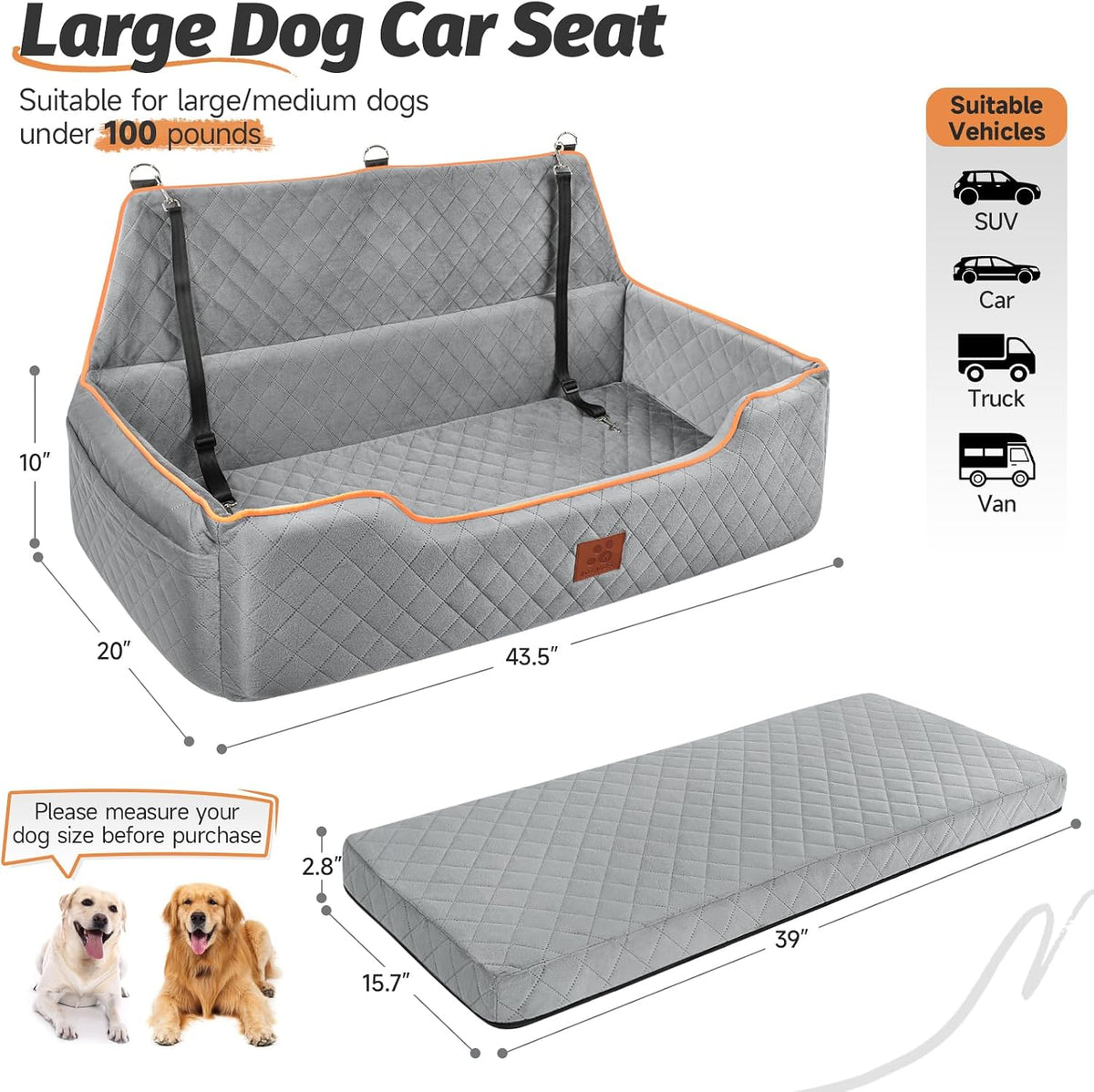 XIEEAOZEE Large Dog Car Seat for Pets Under 100 lbs - Gray - image 2