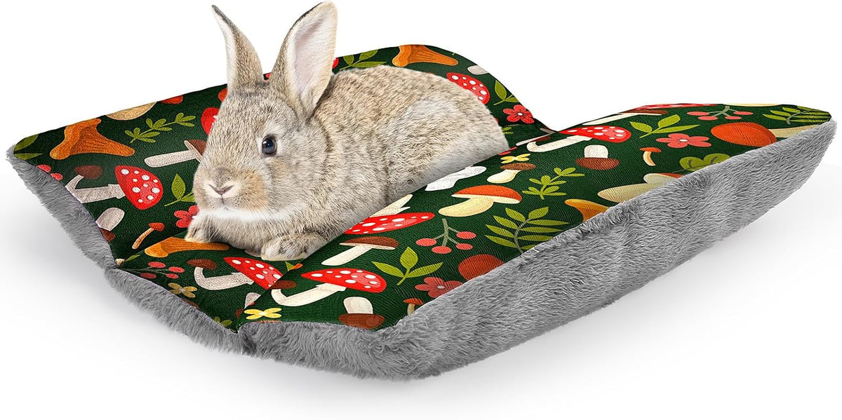 15"x14" Soft Plush Rabbit Bed Washable Cuddle Mat for Small Pets – Daily Care for Small Pets - Green Mushrooms / Large