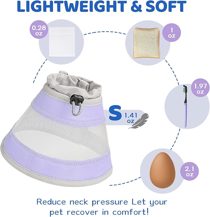 Breathable Air Mesh Cat Cone Collar Soft to Stop Licking, Adjustable, Foldable Lightweight Kitten Cones After Surgery Recovery for Cats & Kittens (Light Purple, S)