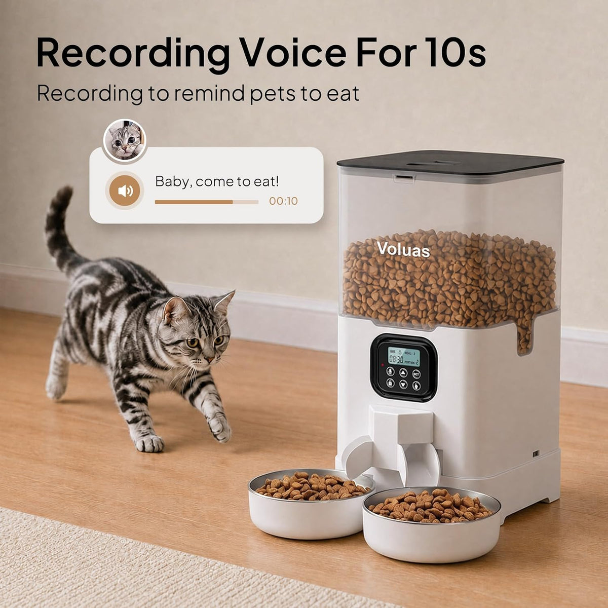 VOLUAS Automatic Cat Feeder for Two Cats with Dual Stainless Bowls - White Transparent / 6L - image 4