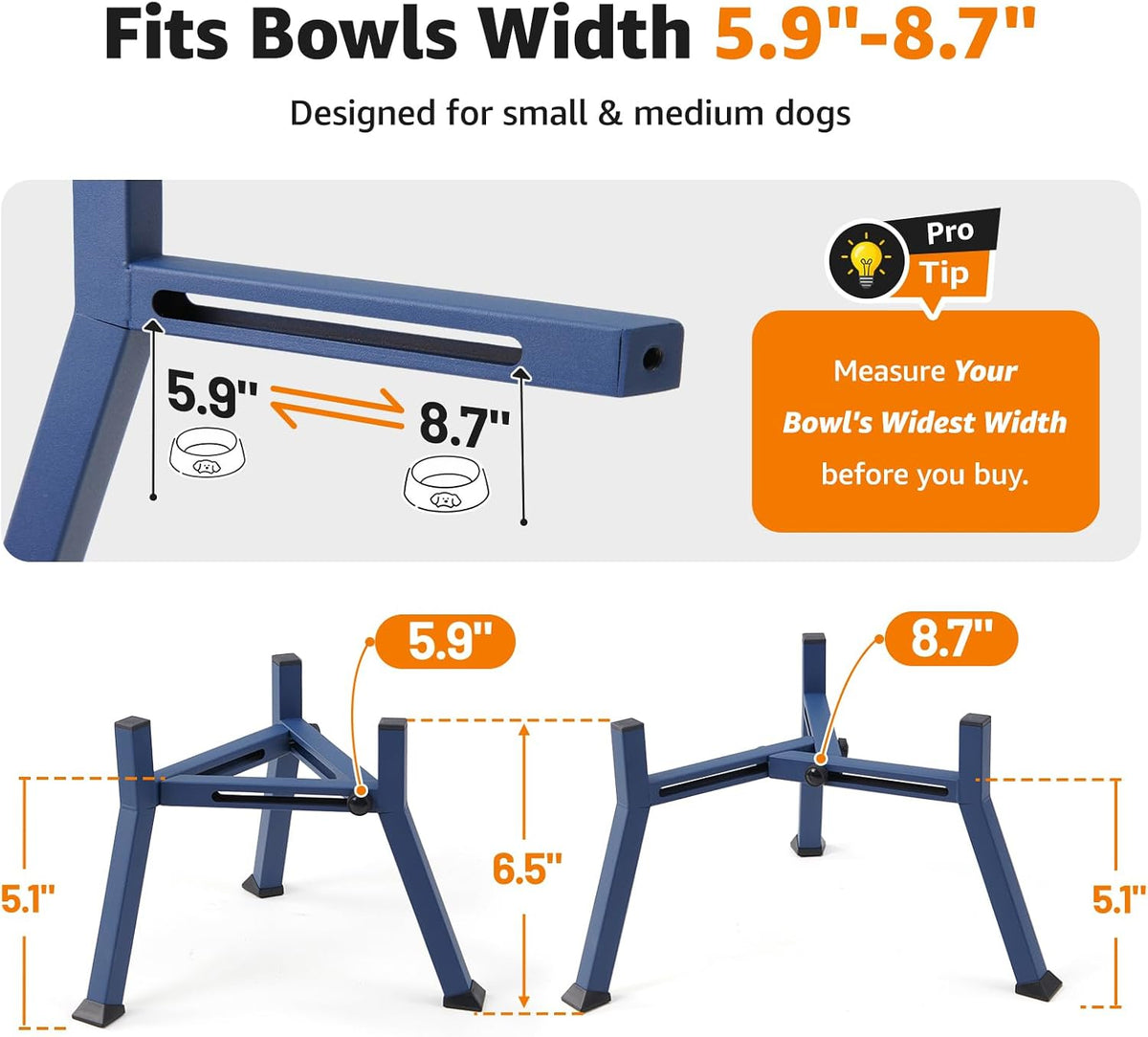 LOOBANI Double Dog Bowl Stand Adjustable 5.9"-8.7" Width for Seniors - Blue / Medium (Fits 5.9"-8.7" Bowls, 1 Pack) - image 4