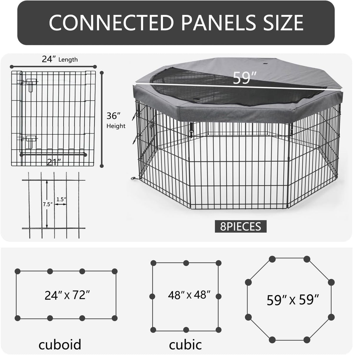 Foldable Metal Dog Exercise Pen/Pet Puppy Playpen Kennels Yard Fence - Gray / 36''H / Playpen+Top Cover - image 3