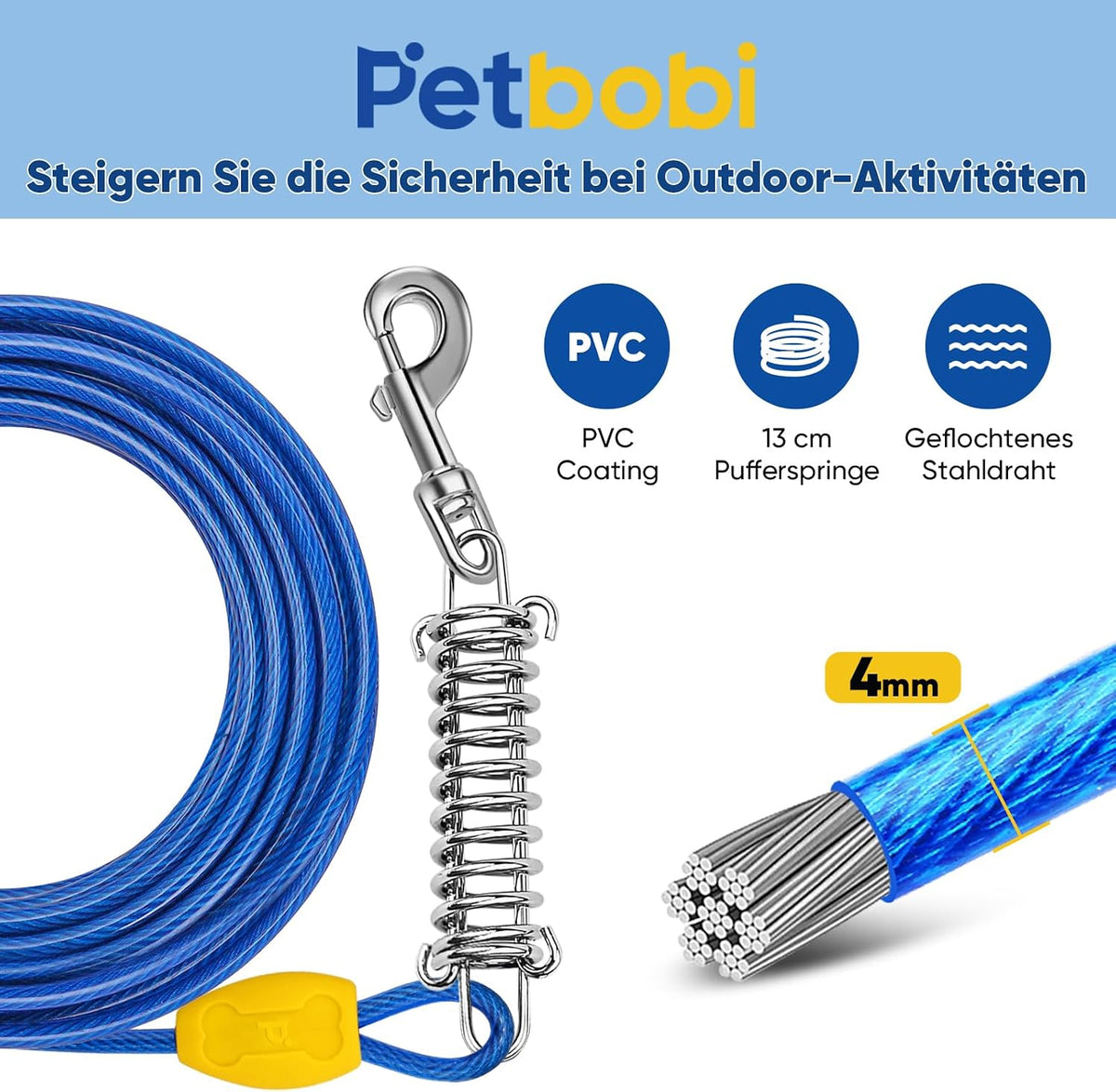 Petbobi Dog Tie Out Cable and Stake - 40 ft (120 lbs) / Blue - image 2