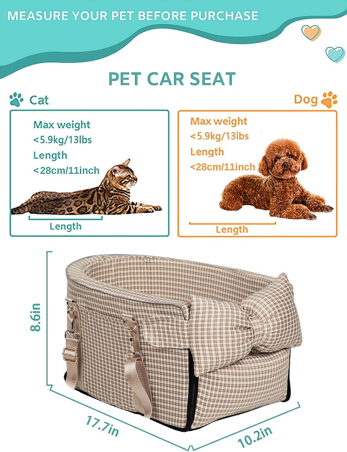 Dog Car Seat for Small Dogs, Center Console Seat for Puppy - Grid Brown - image 2