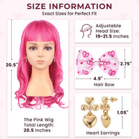 AMZCOS kids long wavy hot pink princess cosplay wig with pink bow and drop earrings - view 9