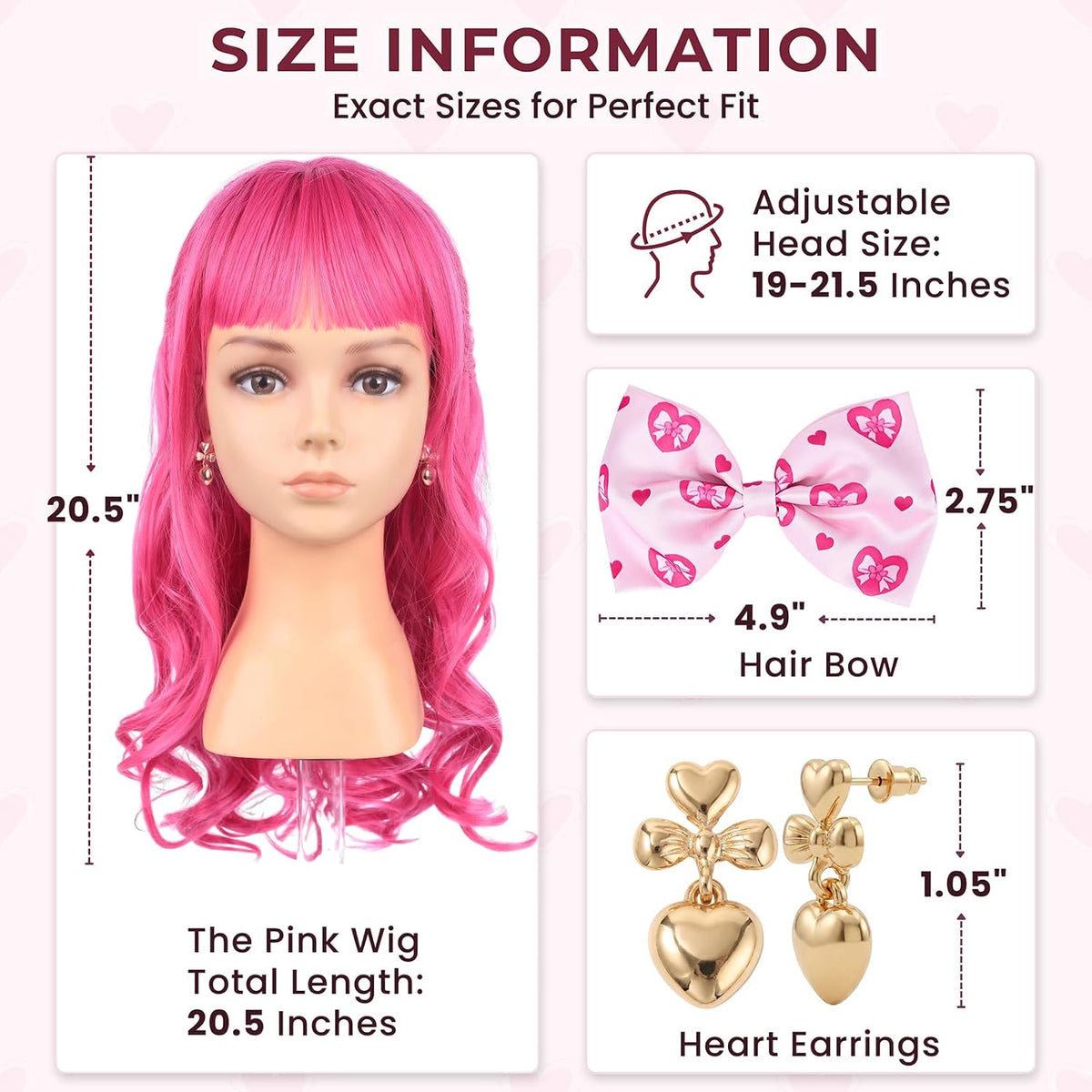 AMZCOS kids long wavy hot pink princess cosplay wig with pink bow and drop earrings - view 9