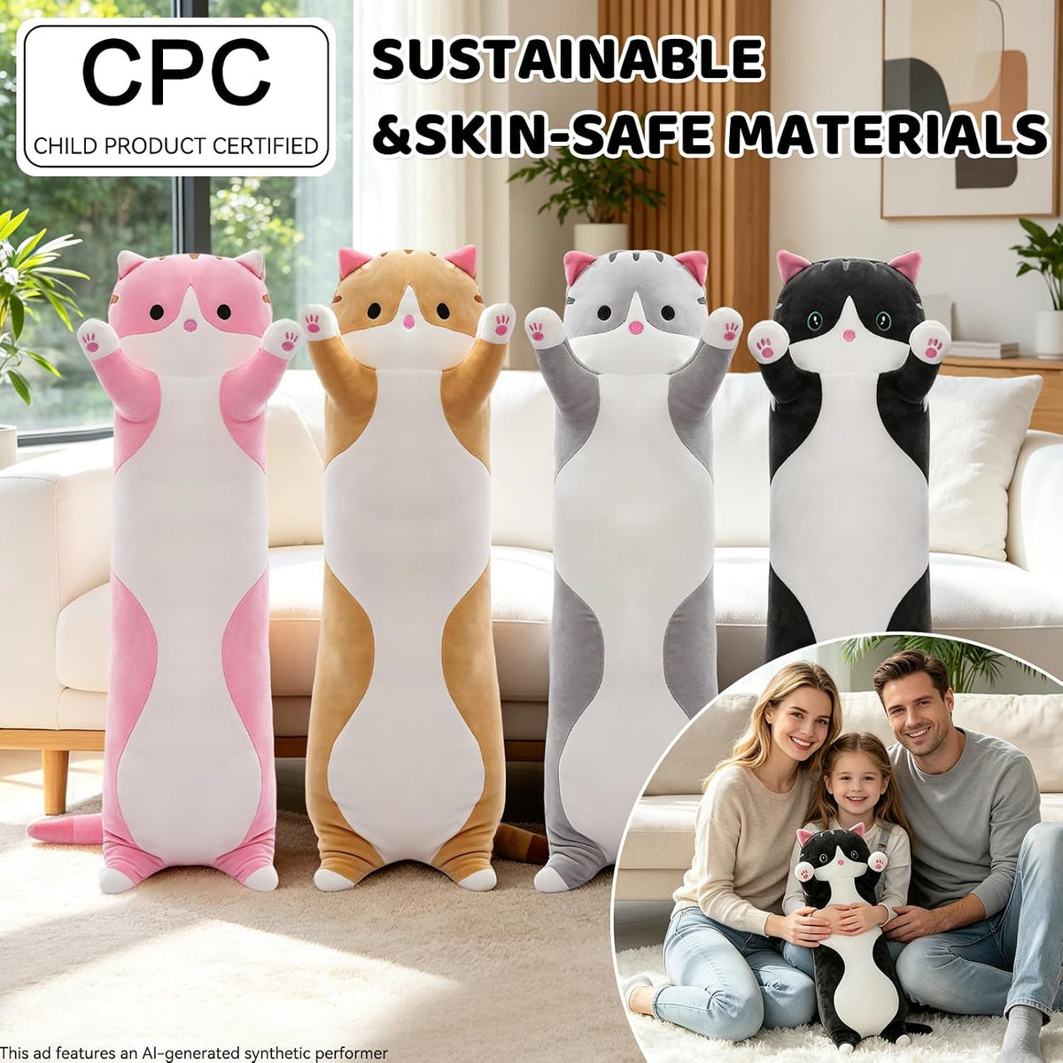 Cute Long Cat Plush Body Pillow, Soft Stuffed Animals 19.7 Inch – Fun for Kids & Family - Black / 51.1 inches - image 2