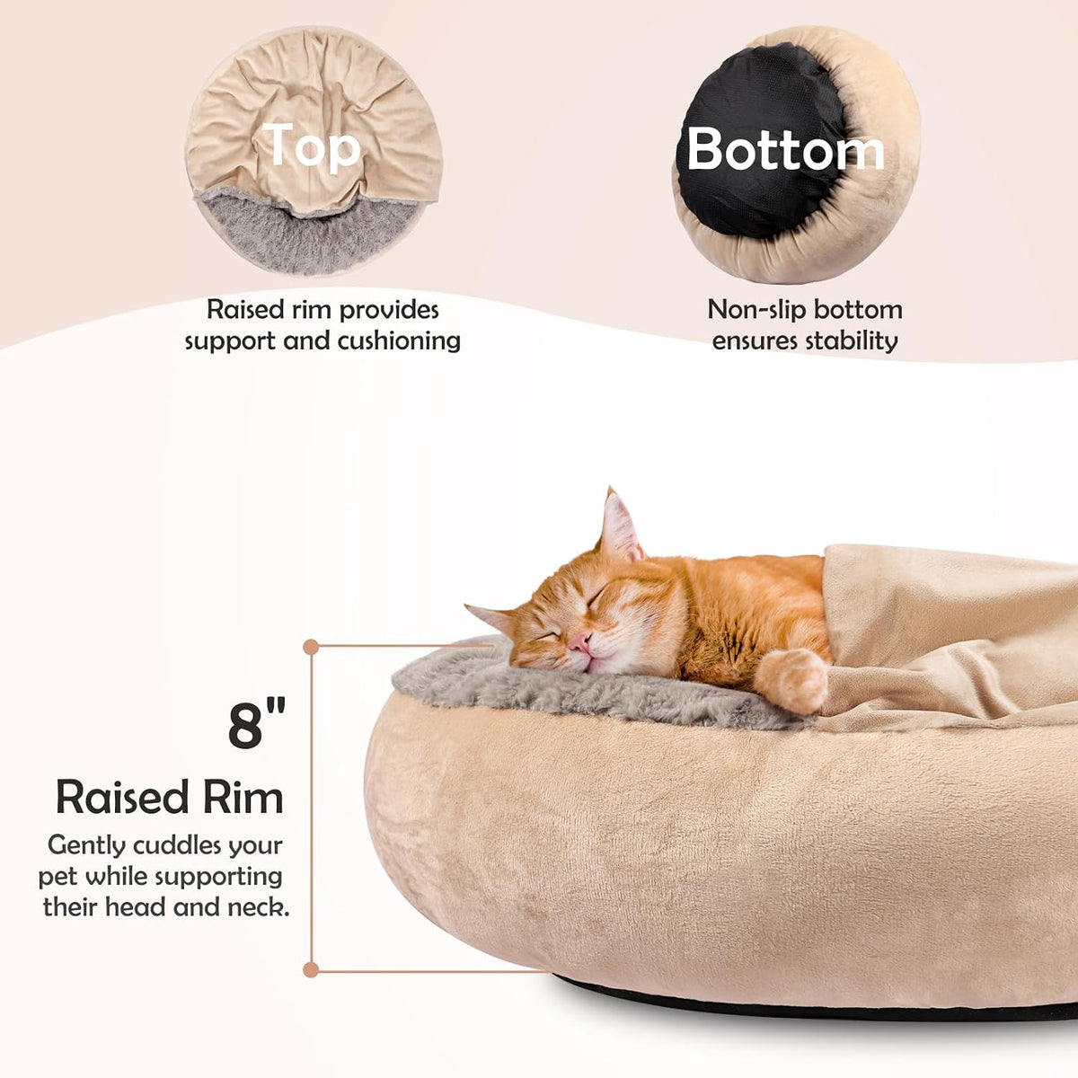 JOEJOY Small Dog Bed Cat Bed with Hooded Blanket - S(23" x 23" x 7") / Beige - image 2