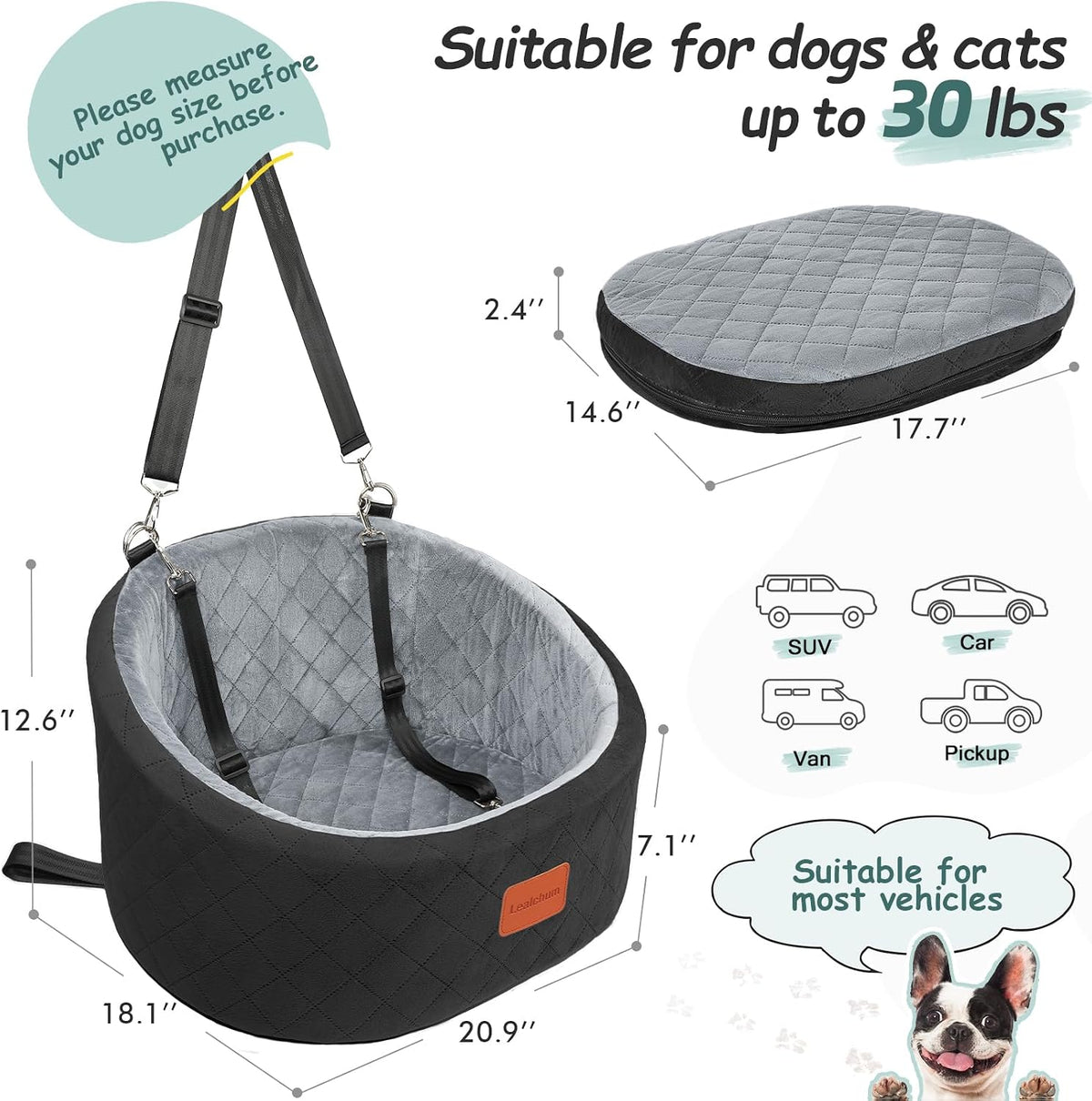 Lealchum Dog Car Seat for Small Dogs Up to 30 Lbs with 2 Safety Dog - Black/Grey / Small - image 2