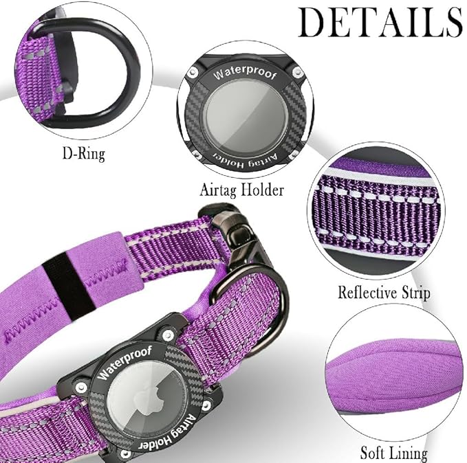 Upgraded AirTag Dog Collar, IP68 Waterproof Dog Collar with Apple Air Tag Holder, Reflective Adjustable Heavy Duty Dog Collars with Soft Padded for Small, Medium and Large Dogs,Purple, L