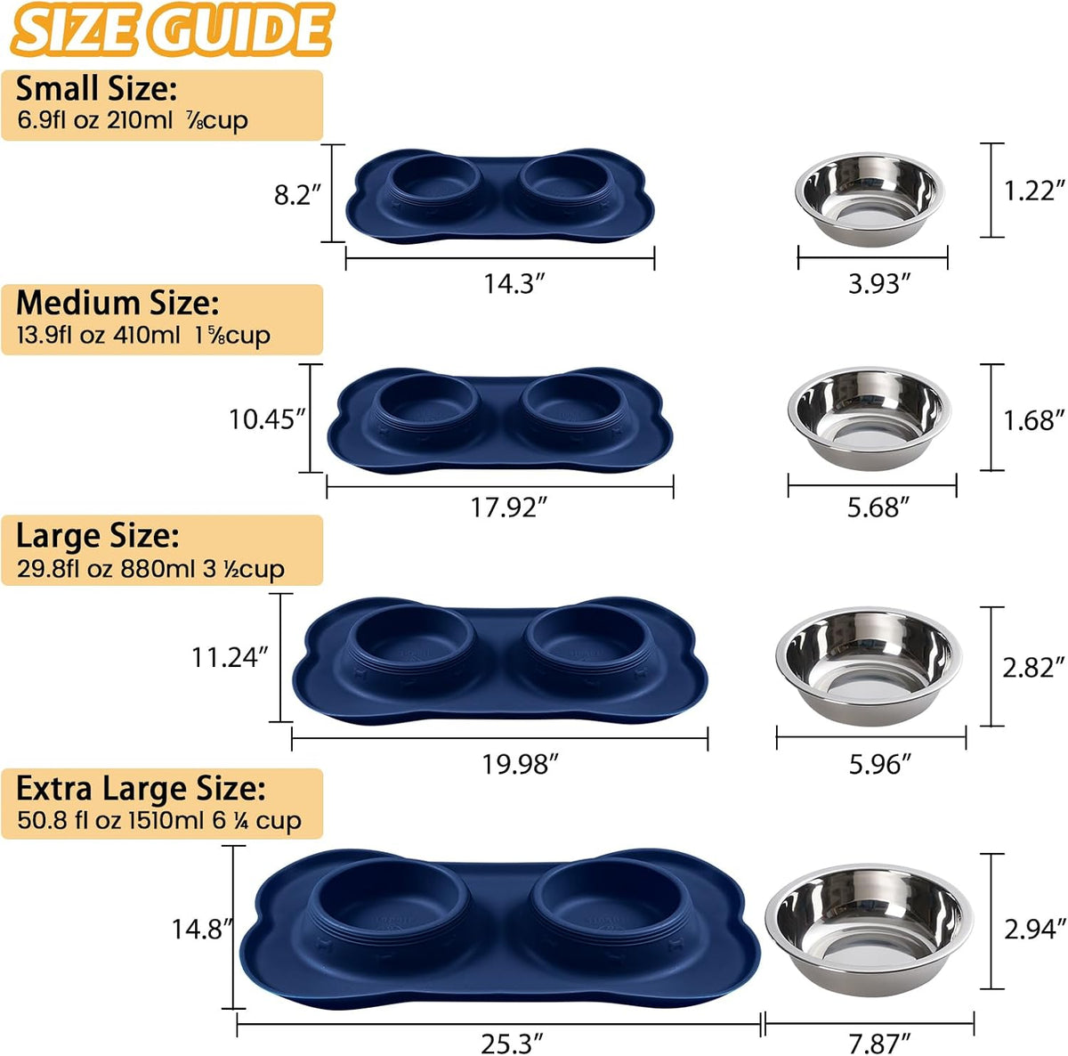 Hubulk Pet Dog Bowls 2 Stainless Steel Dog Bowl with No Spill - Navy Blue / Small - image 4