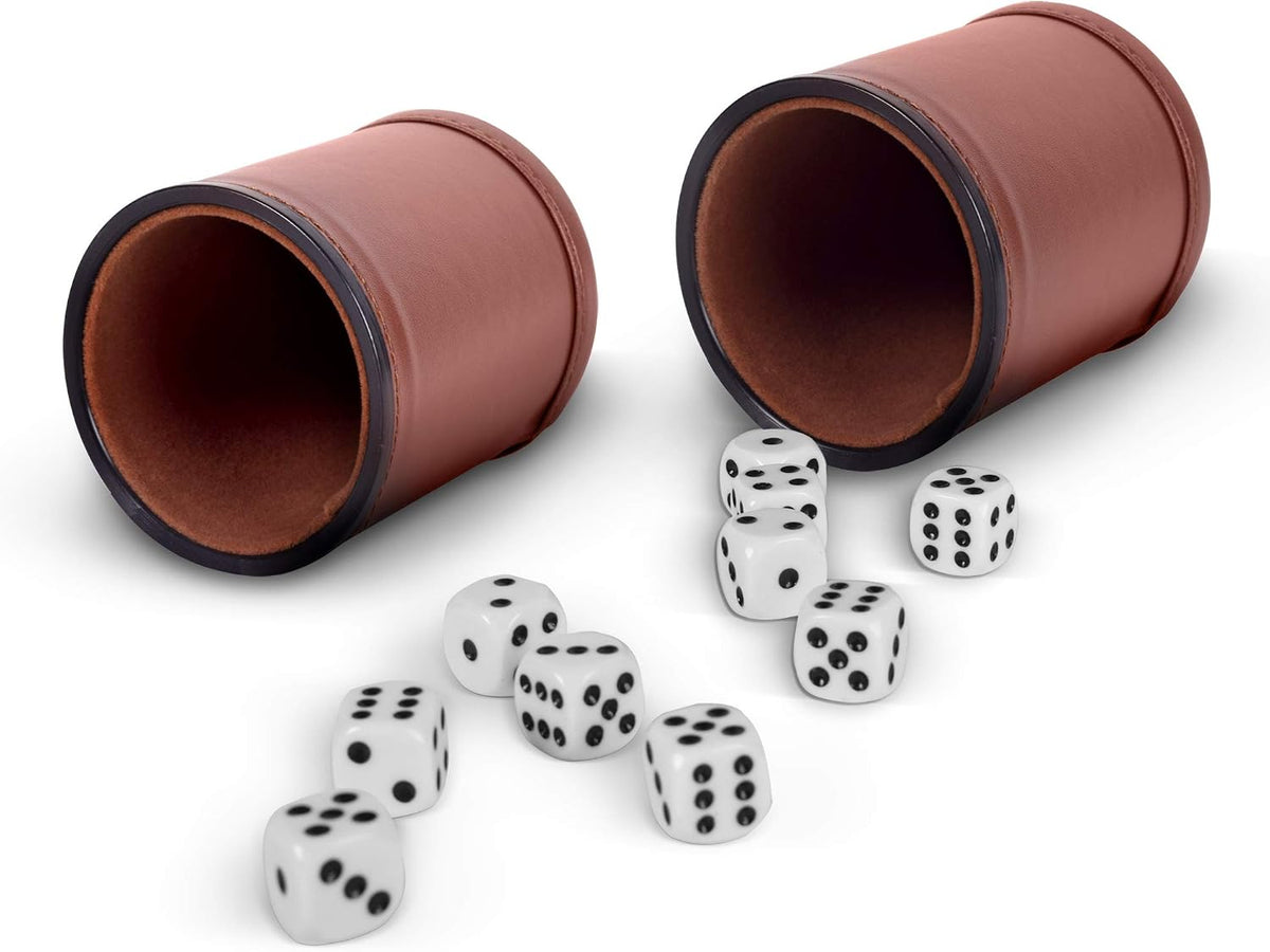 RNK Gaming brown PU leather dice cups with velvet lining, set of 5 with 25 white dice - view 2