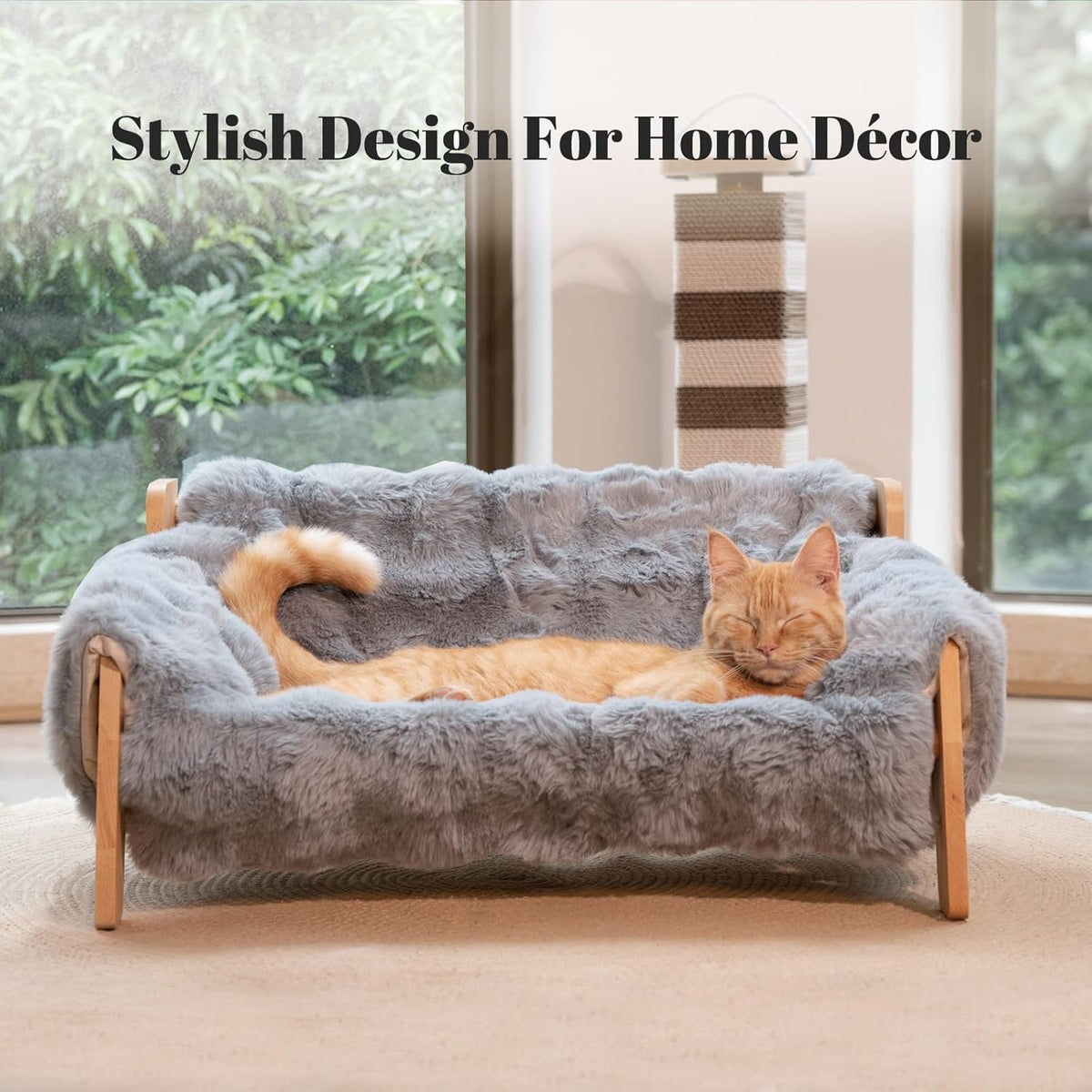 Elevated Cat Couch Bed Wooden Raised Kitty Sofa Lounge Chair – Essentials for Cats - Cat Sofa-Dark Grey(Blue) - image 2