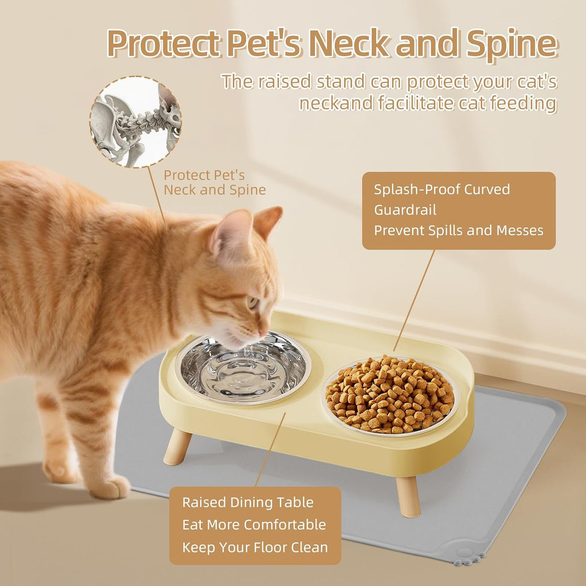 Elevated Cat Bowl, Raised Cat Food and Water Bowl Set for Indoor Cats, Splash Proof with 2 - Cat Bowls with mat - yellow - image 3