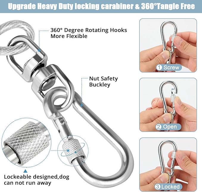 Jenico Dog Tie Out Cable - 10/15/20/30/40/50/70/100/150FT Runner Cable with Swivel Hook and Shock Spring, Outdoor and Camping Dog Leash Run Tether for Small to Medium Pets Up to 500 LBS