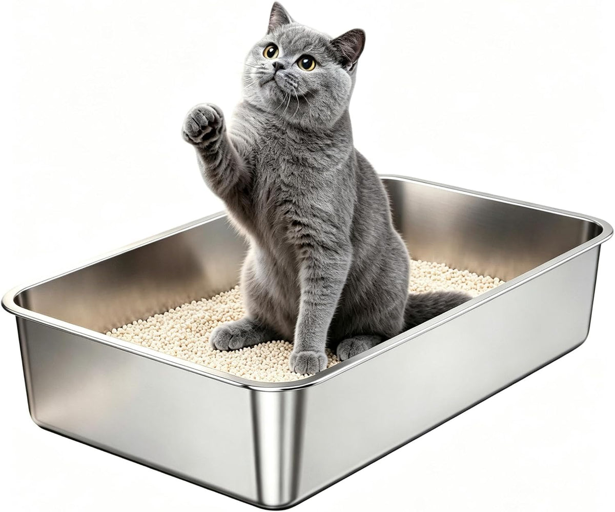 Stainless Steel High Sides Cat Litter Box - XL-22.75"L x 14.45"W x 5"H